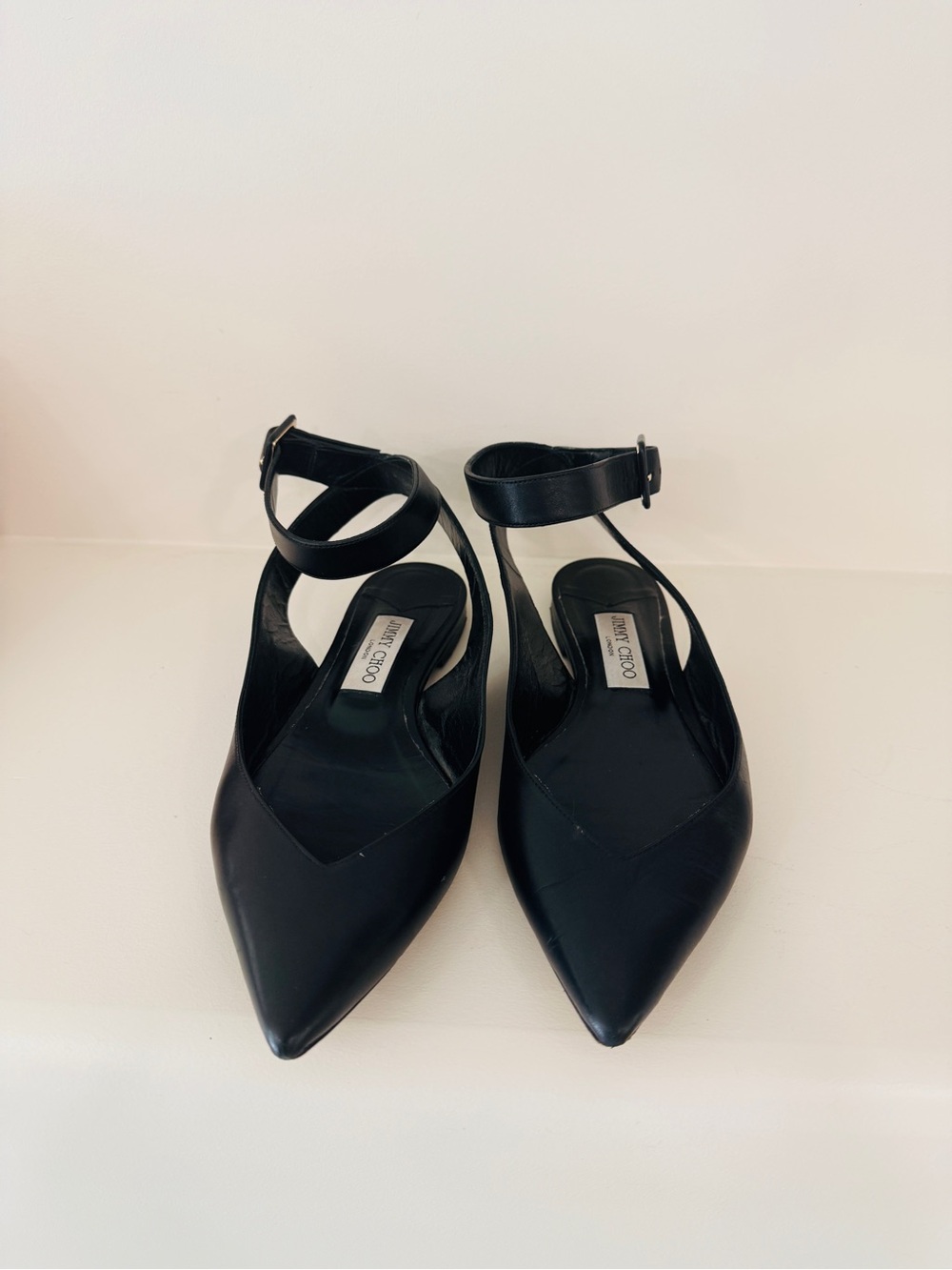 Jimmy Choo Black Pointed Strap Flats